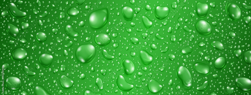 Background of big and small realistic water drops in green colors