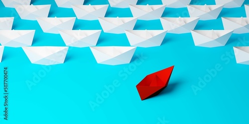 Red paper boat driving away from uniform group of white paper ships on blue background, difference or business leadership concept