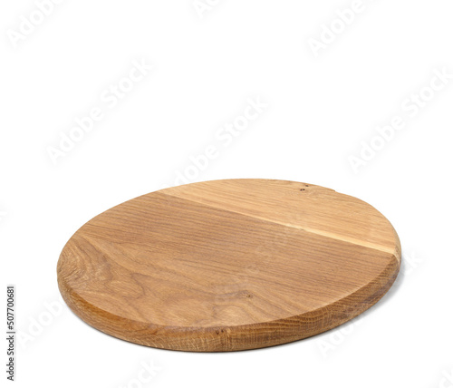 empty round wooden kitchen cutting board, pizza stand. White background