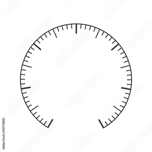 Pressure meter, manometer, barometer, speedometer, tonometer, thermometer scale. Navigator or indicator tool interface template. Measuring dashboard with round chart. Vector graphic illustration