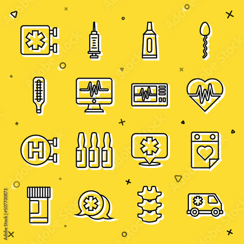 Set line Emergency car, Doctor appointment, Heart rate, Ointment cream tube medicine, Monitor with cardiogram, Medical thermometer, symbol of and icon. Vector
