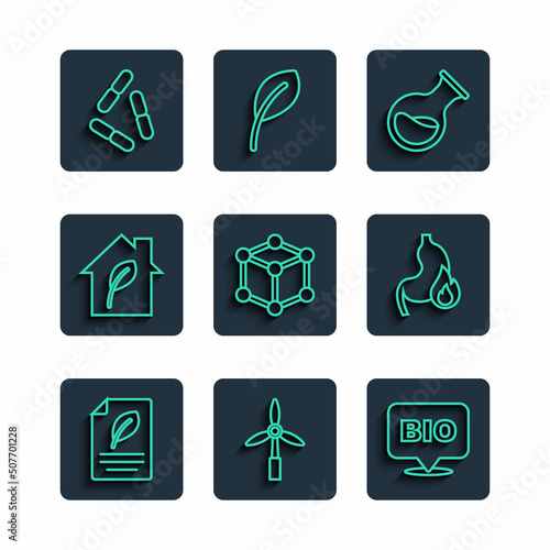 Set line Eco paper with leaf, Wind turbine, Bio healthy food, Test tube and flask, Molecule, friendly house, Virus and Stomach heartburn icon. Vector