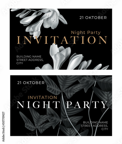 Invitation card in the botanical style. Monochrome plants on black background. Design template for the invitation, shop, beauty salon, spa. 