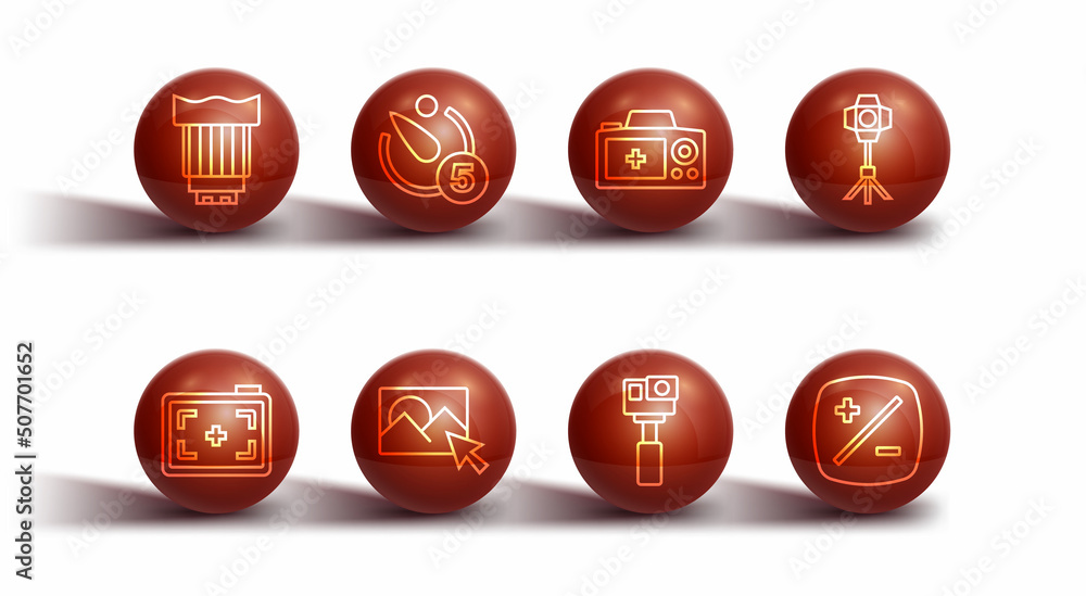 Set line Camera photo lens, Photo camera, Softbox light, Action, retouching, timer, Exposure compensation and icon. Vector Set line Camera photo lens, Photo camera, Softbox light, Action, retouching, timer, Exposure compensation and icon. Vector