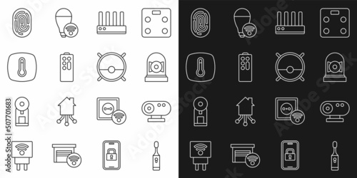 Set line Electric toothbrush, Web camera, Ringing alarm bell, Router and wi-fi signal, Remote control, Thermostat, Fingerprint and Robot vacuum cleaner icon. Vector