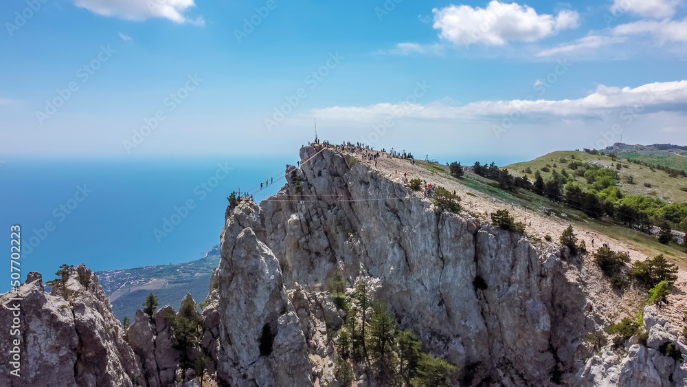  flight over suspension bridges at the peak of ai petri mountain in Crimea.