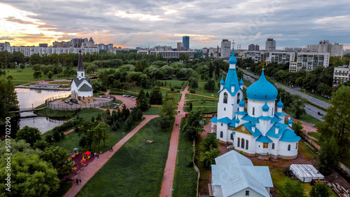 Aerial view over churches and pulkovo park in st. petersburg.