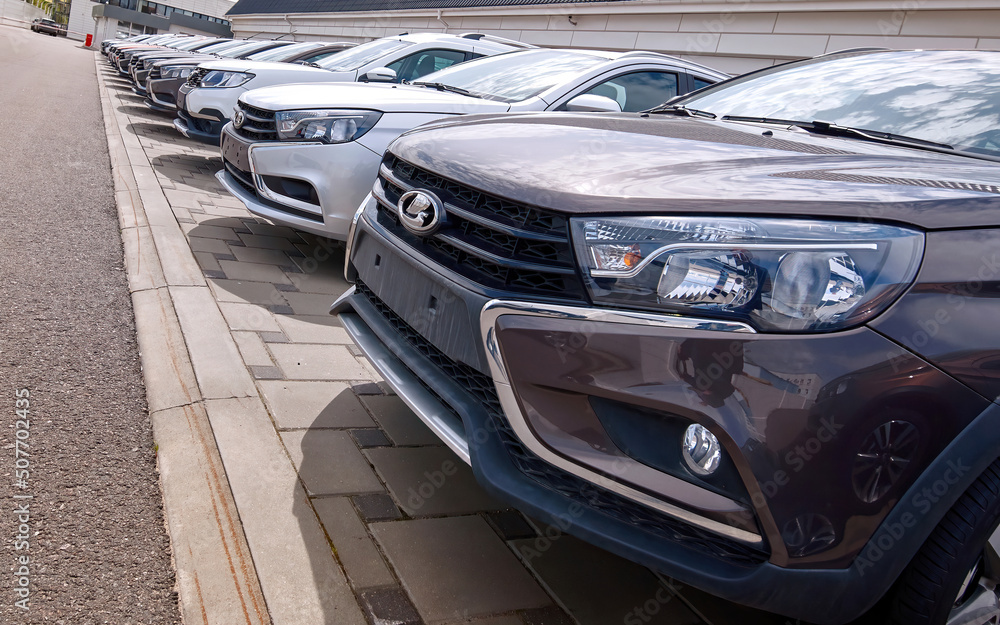Minsk, Belarus. May 2022. Lada, Russian new cars on parking lot, car