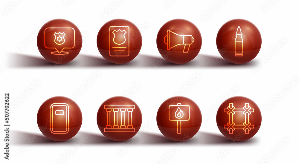 Set line Police badge, assault shield, Bullet, Protest, Prison window, with id case, and Megaphone icon. Vector Set line Police badge, assault shield, Bullet, Protest, Prison window, with id case, and Megaphone icon. Vector