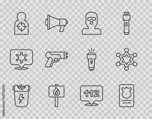 Set line Police electric shocker, badge with id case, Thief mask, Protest, Human target sport for shooting, Telephone call 112 and Hexagram sheriff icon. Vector