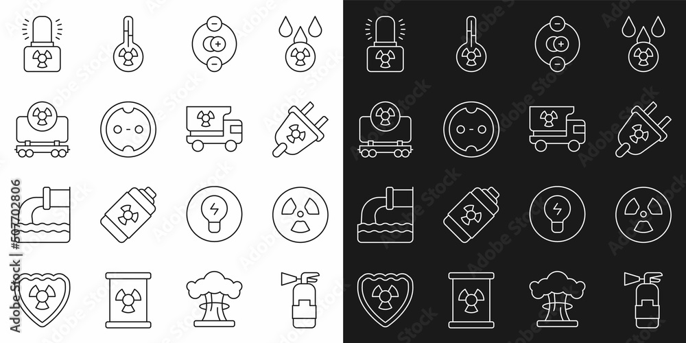Set line Fire extinguisher, Radioactive, Radiation electrical plug, Atom, Electrical outlet, cargo train, warning lamp and Truck with radiation materials icon. Vector