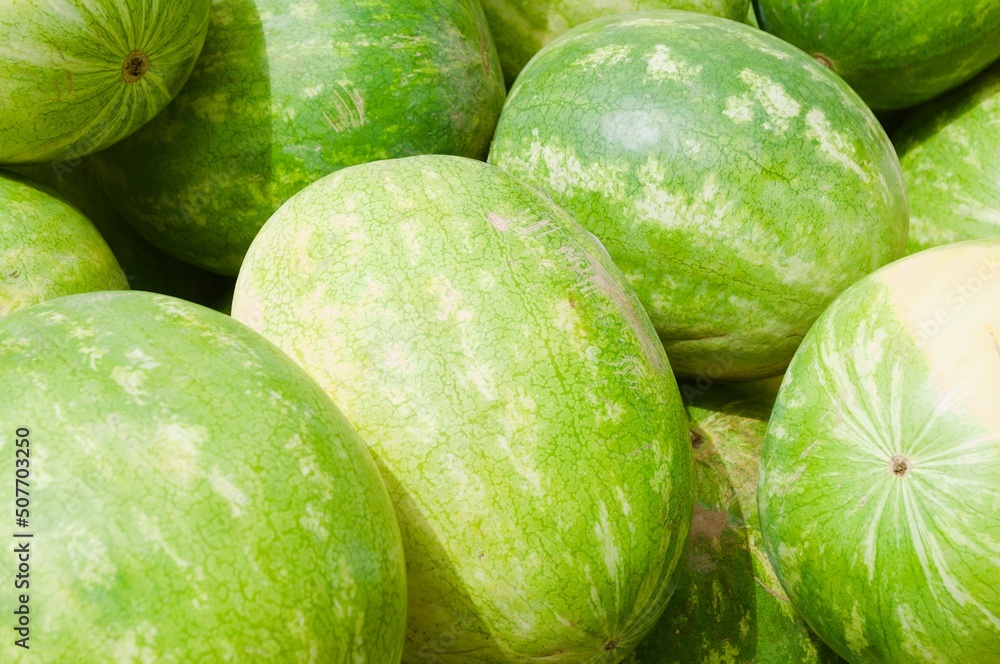 Close up large green watermelons outside market Close up large green watermelons outside market