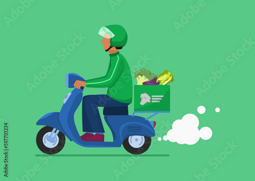 vegetable delivery motorcycle. courier rides motorcycle delivering vegetables to customer