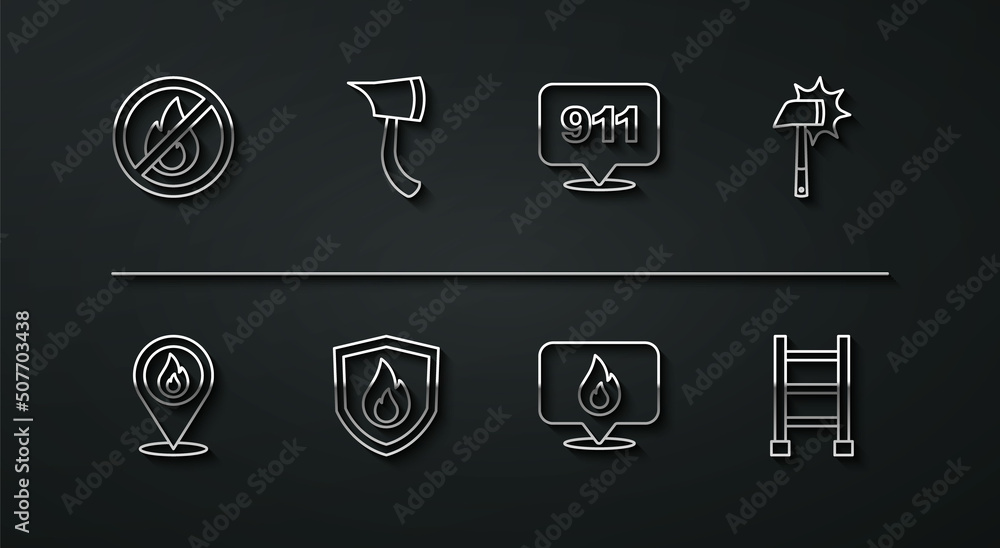 Set line No fire, Location with flame, Firefighter axe, protection shield, escape and Emergency call 911 icon. Vector Set line No fire, Location with flame, Firefighter axe, protection shield, escape and Emergency call 911 icon. Vector