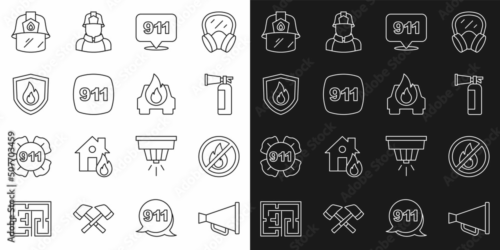 Set line Megaphone, No fire, Fire extinguisher, Emergency call 911, protection shield, Firefighter helmet and Burning car icon. Vector Set line Megaphone, No fire, Fire extinguisher, Emergency call 911, protection shield, Firefighter helmet and Burning car icon. Vector