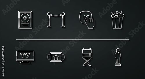 Set line CD disk award in frame, Smart Tv, Popcorn cardboard box, Director movie chair, Cinema ticket, Rope barrier, Movie trophy and Online play video icon. Vector
