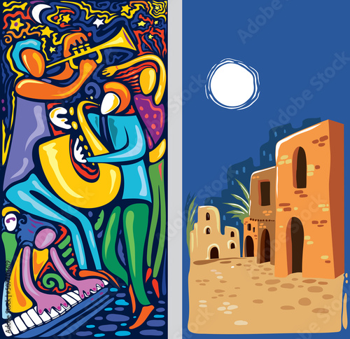 Jazz Band Poster and old town at night (Vector Art)