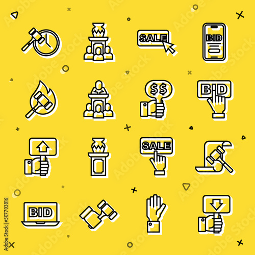 Set line Hand holding auction paddle, Auction hammer, Bid, Price tag with Sale, auctioneer sells, and icon. Vector