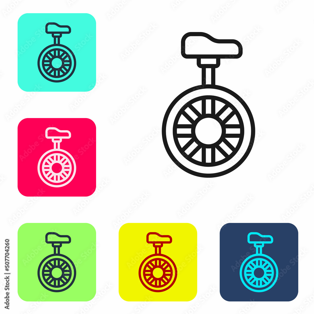 Black line Unicycle or one wheel bicycle icon isolated on white background. Monowheel bicycle. Set icons in color square buttons. Vector Black line Unicycle or one wheel bicycle icon isolated on white background. Monowheel bicycle. Set icons in color square buttons. Vector