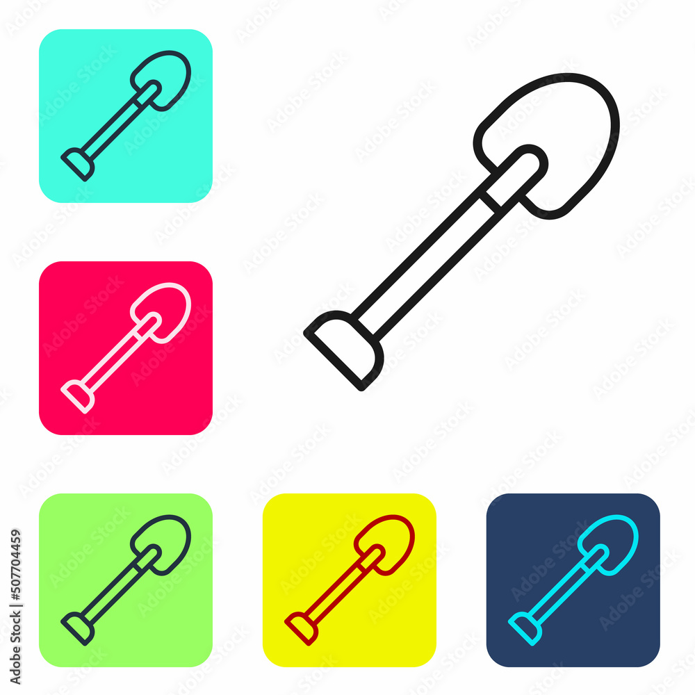Black line Shovel icon isolated on white background. Gardening tool. Tool for horticulture, agriculture, farming. Set icons in color square buttons. Vector Black line Shovel icon isolated on white background. Gardening tool. Tool for horticulture, agriculture, farming. Set icons in color square buttons. Vector