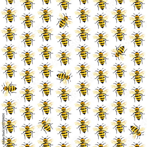 Illustrated hornet or honeybee watercolor seamless pattern set in yellow and black