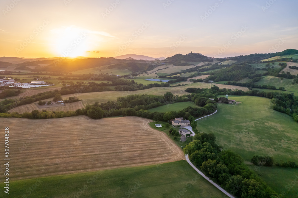 Aerial view of countryside on Marche region in Italy