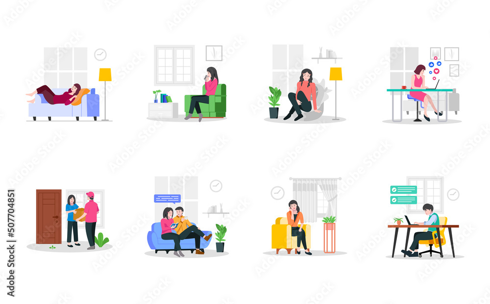 daily activities at home vector illustration design. lying on the couch, drinking coffee, working at home, receiving packages, chatting casually with a partner. easy to edit and colorize, Eps 10. daily activities at home vector illustration design. lying on the couch, drinking coffee, working at home, receiving packages, chatting casually with a partner. easy to edit and colorize, Eps 10.