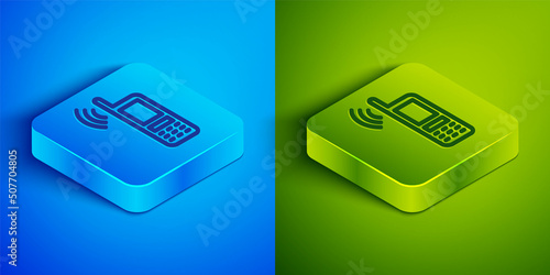 Isometric line Smartphone with free wi-fi wireless connection icon isolated on blue and green background. Wireless technology, wi-fi connection, wireless network. Square button. Vector