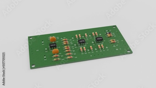 3D rendering animation of some electronic components falling on a board