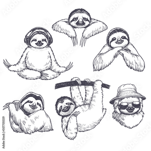 Vector set of hand drawn illustrations of sloths in different emotions and poses. Sketch with funny animals.