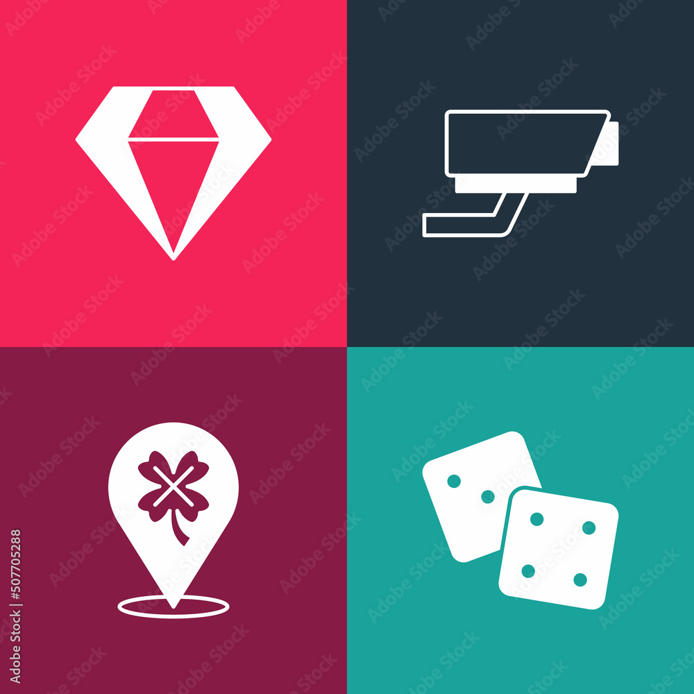 Set pop art Game dice, Casino slot machine with clover, Security camera and Diamond icon. Vector Set pop art Game dice, Casino slot machine with clover, Security camera and Diamond icon. Vector