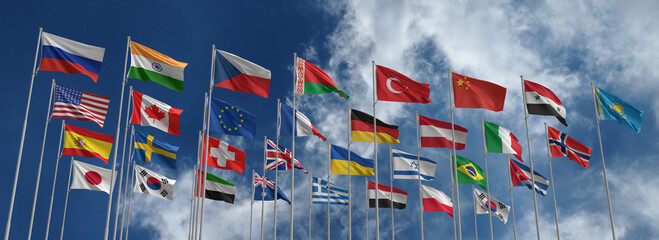 United state of america,ukraine russia,eupore union,poland,england,german,brazil,canada,sweden,japan,africa wave flag all international country global world waving flag on blue sky.3d render 