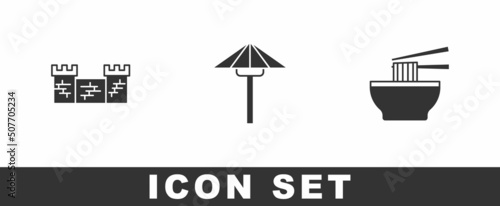 Set Great wall of China, Japanese umbrella from the sun and Asian noodles bowl icon. Vector
