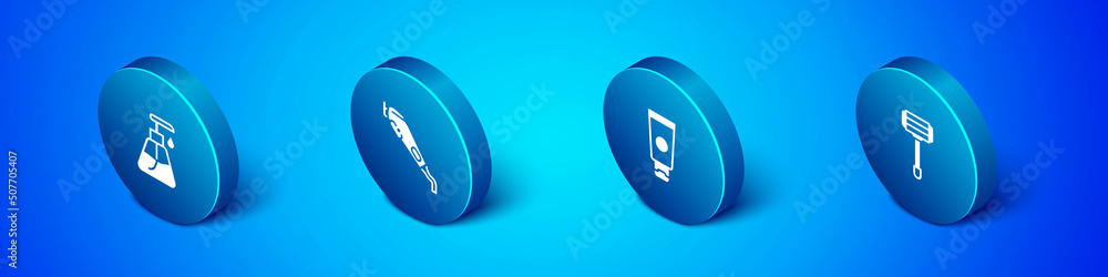 Set Isometric Cream cosmetic tube, , Shaving razor and Electrical hair clipper icon. Vector Set Isometric Cream cosmetic tube, , Shaving razor and Electrical hair clipper icon. Vector