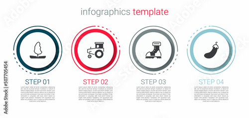 Set Tree, Tractor, Waterproof rubber boot and Eggplant. Business infographic template. Vector