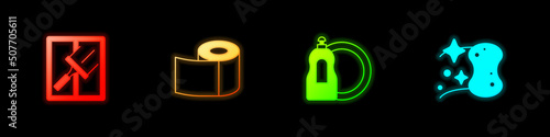 Set Rubber cleaner for windows, Toilet paper roll, Dishwashing liquid bottle and Sponge icon. Vector