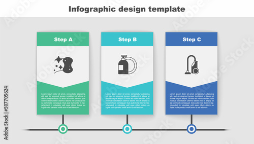 Set Sponge, Dishwashing liquid bottle and Vacuum cleaner. Business infographic template. Vector