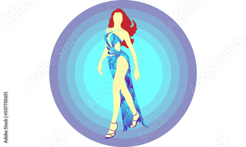 Lady with red hair in long blue fury evening dress, isolated on an oval background