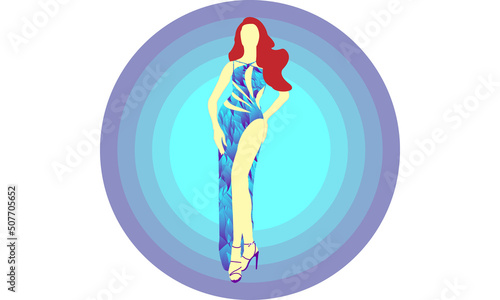 Lady with red hair in long blue fury evening dress, isolated on an oval background