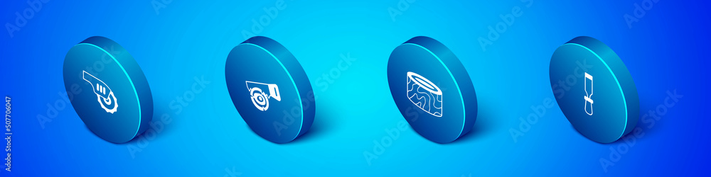 Set Isometric Electric circular saw, Tree stump, Chisel tool and Hand and log icon. Vector Set Isometric Electric circular saw, Tree stump, Chisel tool and Hand and log icon. Vector