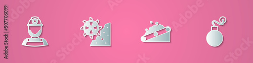 Set paper cut Miner in a helmet, Bucket wheel excavator, Conveyor belt carrying coal and Bomb icon. Paper art style. Vector
