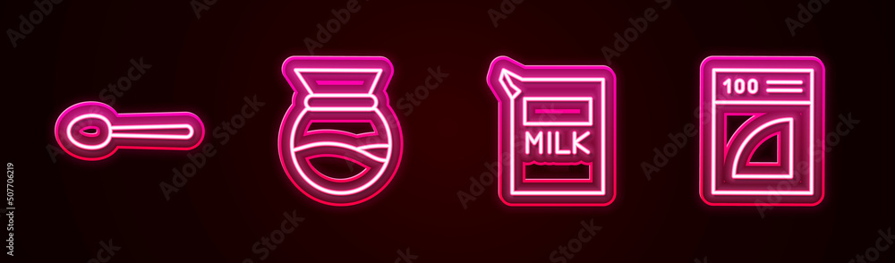 Set line Spoon, Pour over coffee maker, Paper package for milk and Coffee paper filter. Glowing neon icon. Vector Set line Spoon, Pour over coffee maker, Paper package for milk and Coffee paper filter. Glowing neon icon. Vector