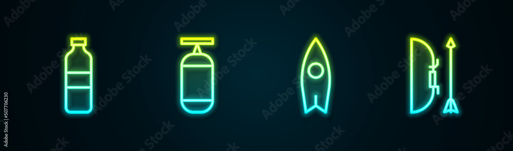 Set line Bottle of water, Punching bag, Surfboard and Bow and arrow quiver. Glowing neon icon. Vector Set line Bottle of water, Punching bag, Surfboard and Bow and arrow quiver. Glowing neon icon. Vector