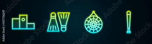 Set line Award over sports winner podium, Rubber flippers for swimming, Classic dart board and Baseball bat. Glowing neon icon. Vector