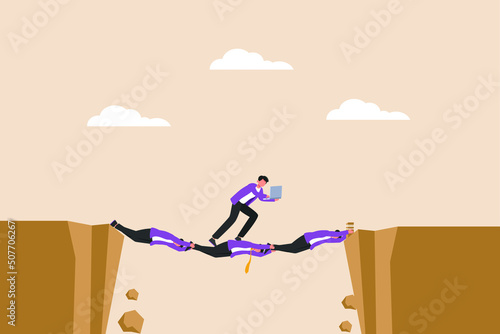 Business teams help their managers cross the cliff to achieve business targets. Coworker and success concept. Flat vector illustration isolated.