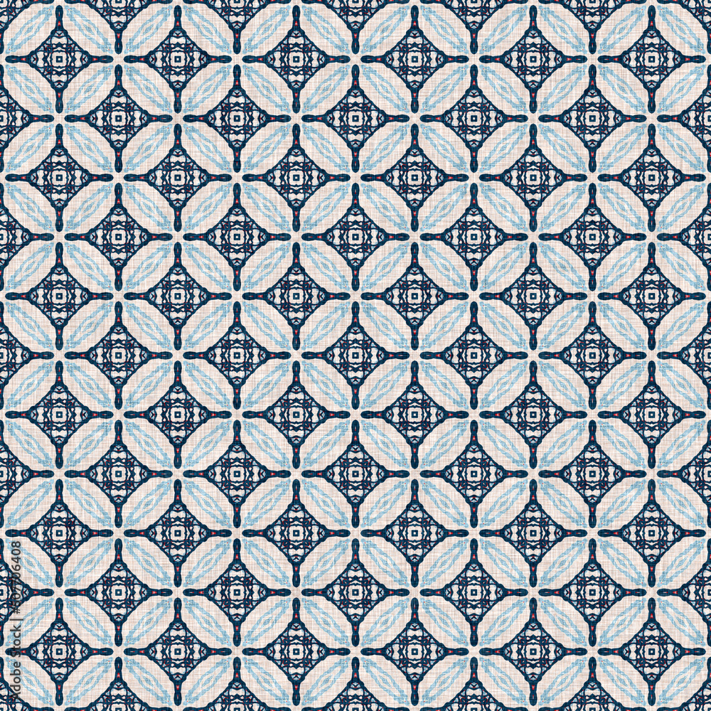 Indigo blue red batik geo nautical seamless pattern. Modern marin geometric kaleidoscope sailor print. Nantucket fabric textile style. Summer rustic masculine worn linen effect maritime decor. 