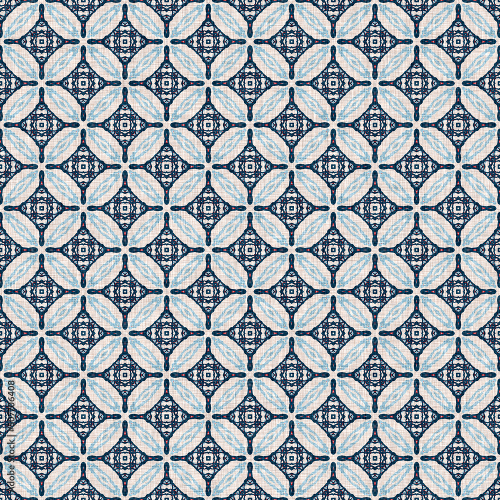 Indigo blue red batik geo nautical seamless pattern. Modern marin geometric kaleidoscope sailor print. Nantucket fabric textile style. Summer rustic masculine worn linen effect maritime decor. Indigo blue red batik geo nautical seamless pattern. Modern marin geometric kaleidoscope sailor print. Nantucket fabric textile style. Summer rustic masculine worn linen effect maritime decor.