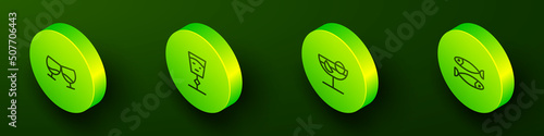 Set Isometric line Glass of cognac or brandy, Wine glass, Cocktail and Dried fish icon. Vector