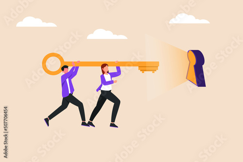 Team of business holds and pushes the golden key to finding the keyhole of success. Coworker and success concept. Flat vector illustration isolated.