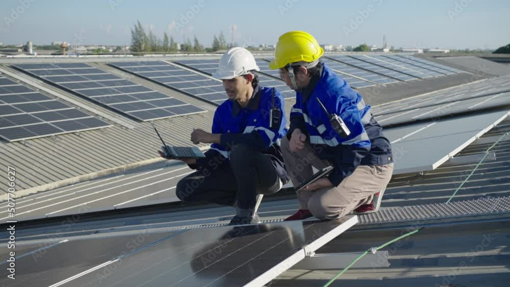 custom made wallpaper toronto digitalTwo Asian technician installing inspection or repair solar cell panels on background field of photovoltaic solar panels solar cells on roof top factory.